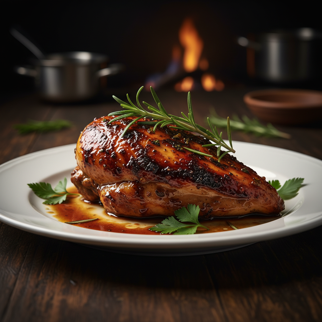 Fire braised chicken breast, deeply caramelized and glistening with rich braising juices