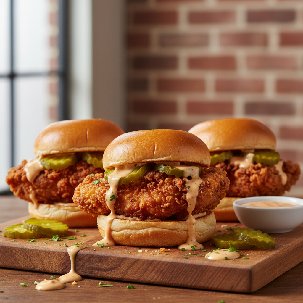 Southern style fried chicken sliders, golden crispy chicken on soft slider buns with pickles and sauce