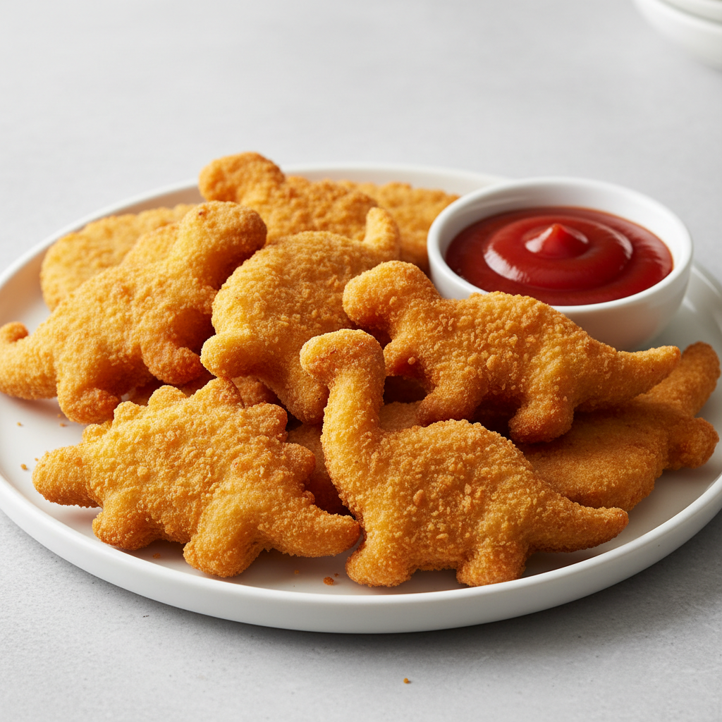 Dinosaur shaped chicken nuggets, golden crispy coating, fun dino shapes with ketchup dipping sauce