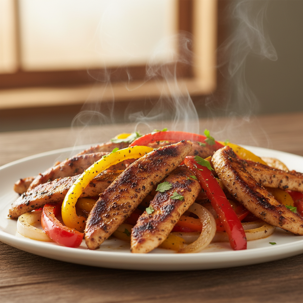 Seasoned chicken breast fajita strips with colorful bell peppers and onions