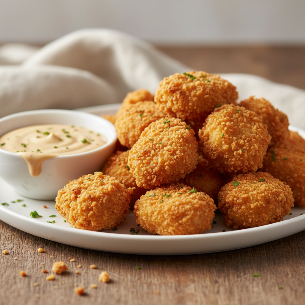 Breaded popcorn chicken bites, golden crispy bite-sized pieces piled high with dipping sauce