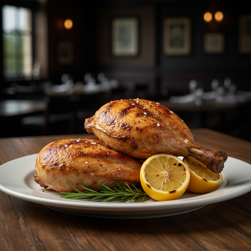 Double airline chicken breast, golden seared, restaurant quality presentation