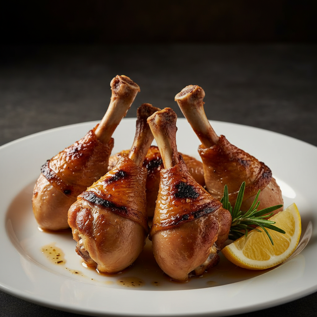 Frenched chicken drumsticks, bone cleaned, golden crispy skin, elegantly plated
