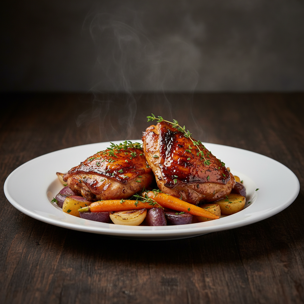 Fire braised chicken thighs, deeply caramelized and glistening with rich braising juices