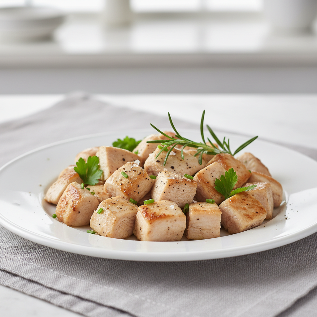 Diced fully cooked white meat chicken, tender pieces on a white plate with fresh herbs