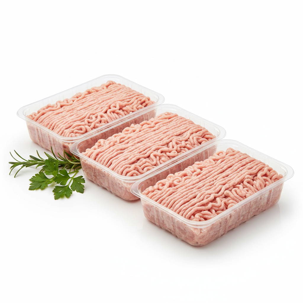 Fresh ground chicken in tray packs, pale pink ground meat neatly arranged